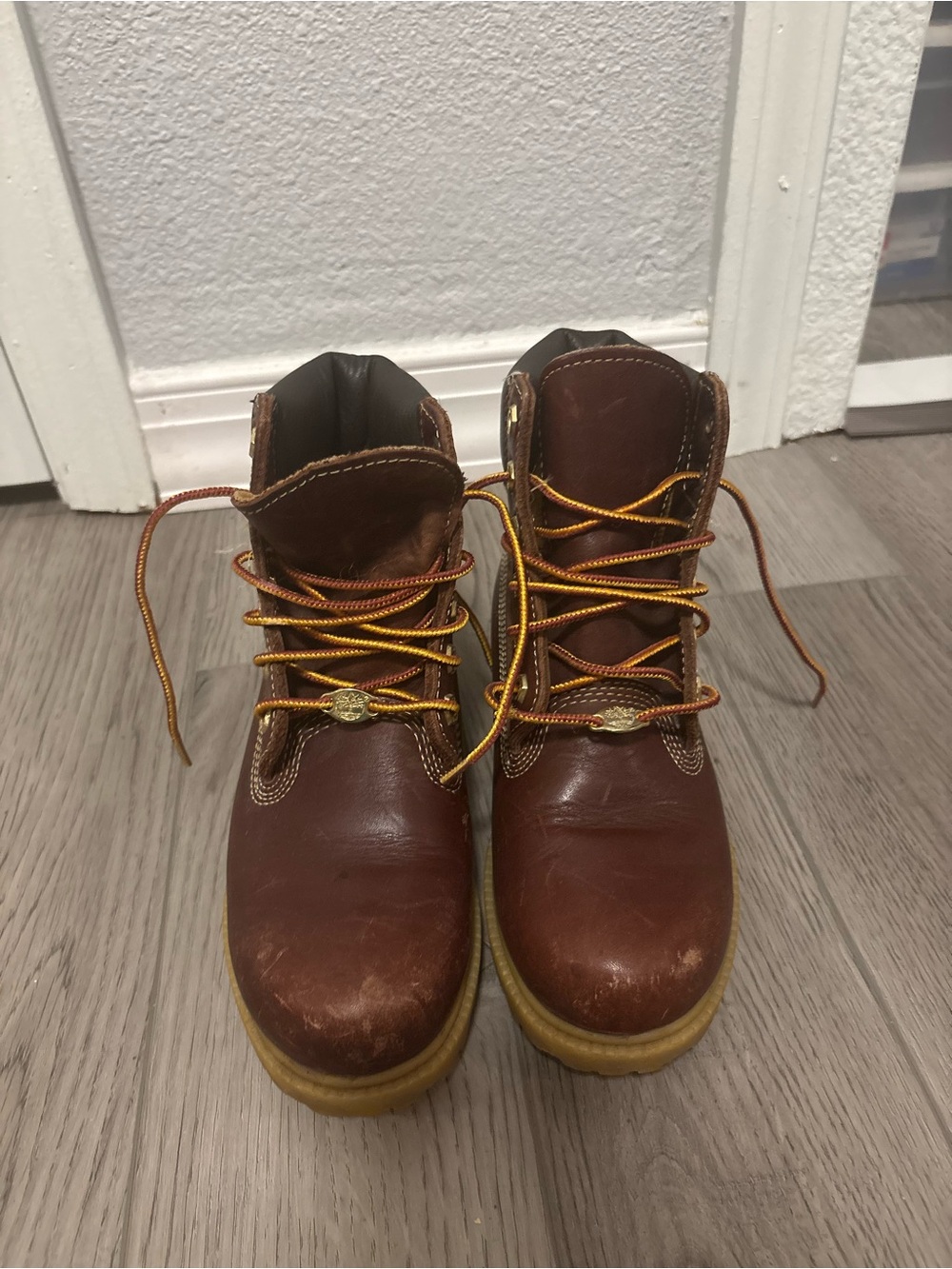 Timberland Brown Leather Work Boots with Yellow Laces